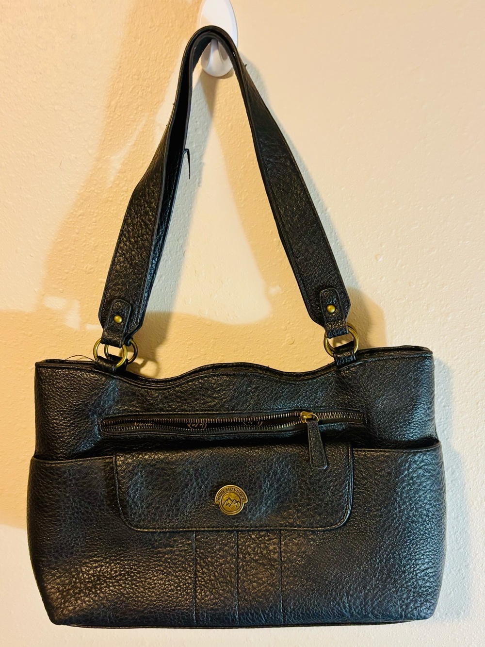 White Mountain Black Pebbled Leather Shoulder Bag with Antique-Gold Hardware